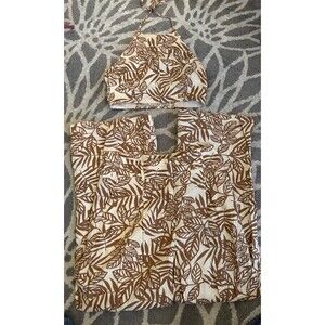 HOUSE OF HARLOW 1960 Women's Linen Halter Crop Top Tie and Flare Pants Tan